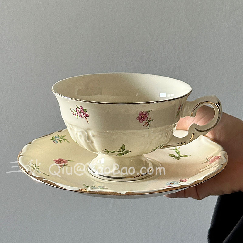 Sanqiu Sanq francés retro fresco pequeño floral tarde té taza café taza platillo latte taza nicho regalo creativo