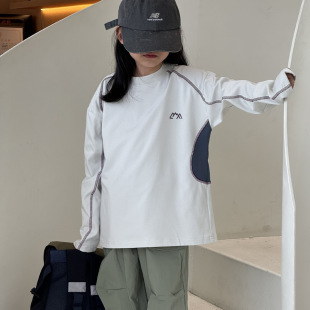 Spring 2025 New Contrast Mountain Style Ming Line Stitching Long Sleeve Outdoor Sports Casual Loose Top for Boys and Girls HSM