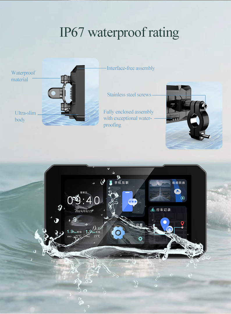 Motorcycle Smart Navigation System CarPlay/Android Auto Wireless Screen Mirroring Dash Cam Waterproof