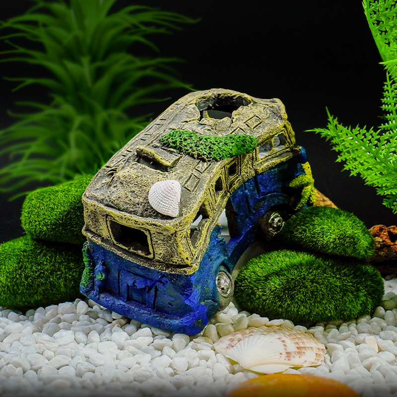 Decoración de acuarios restos de automóviles, paisajismo de peceras, artesanías de resina, nuevas decoraciones evasivas, autobuses viejos