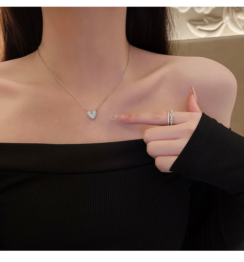 Womenu0027S Simple Style Heart Titanium Steel Zircon Necklace Inlaid Zircon Stainless Steel Necklace