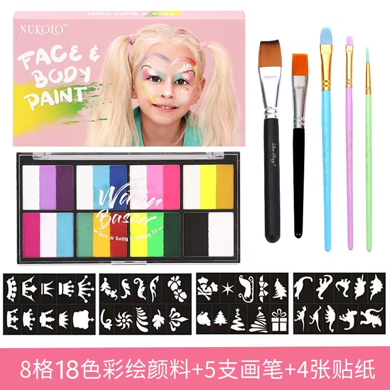 8 rejilla de tres piezas de pintura soluble en agua (incluyendo 1 pluma) + 3 bolígrafos de varilla de color + 4 plantillas negras + 1 Cepillo de cabeza ancha