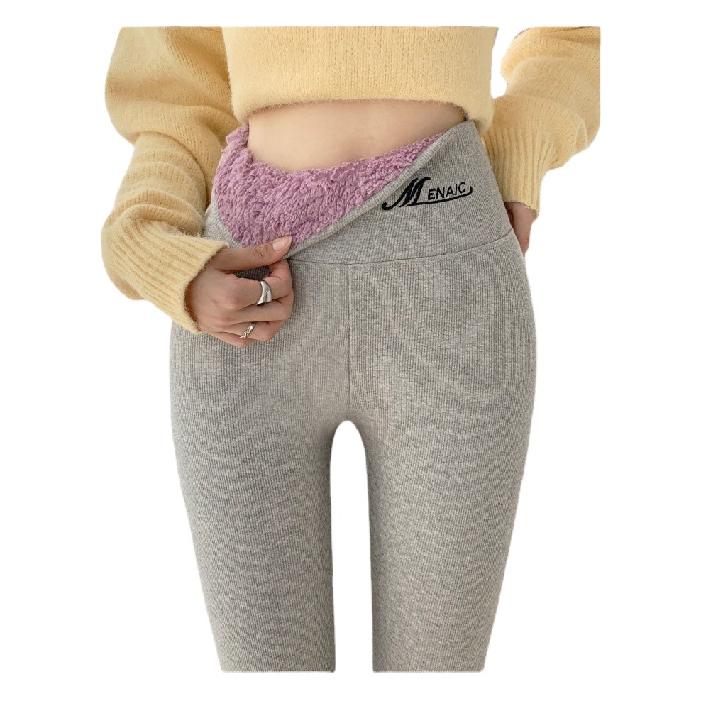 Pantalones de yoga cálidos de otoño e invierno, leggings de algodón acanalado con rayas verticales grises, pantalones de terciopelo nube de cintura alta para mujer, novedad transfronteriza.
