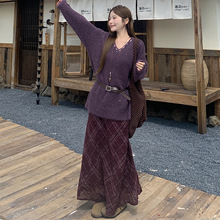 实拍~甜美设计感V领套头毛衣+斜纹格子吊带连衣裙两件套装女装