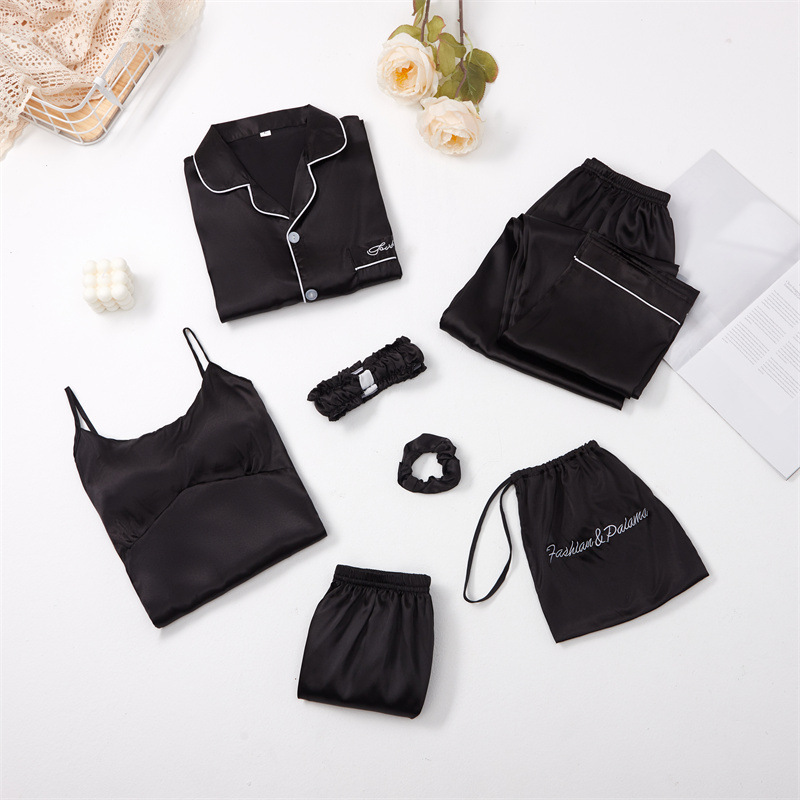 Entrega de una pieza nueva flor de siete piezas pijamas de manga larga de primavera de las mujeres de seda-como sexy homewear traje pijamas