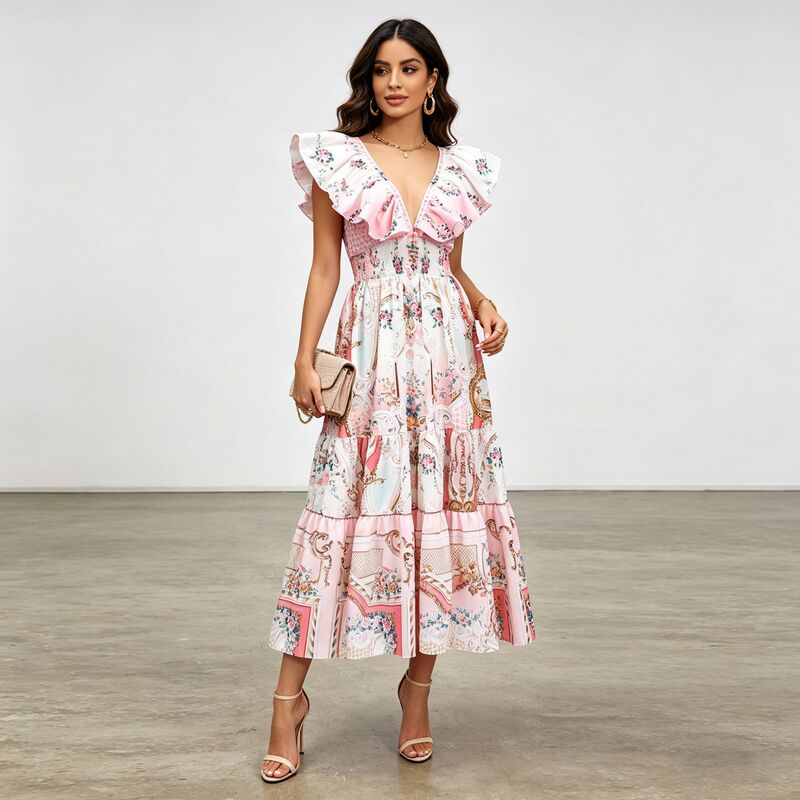 Bohemian Style Deep V-Neck Printed Long Dress 2026 New Fashion Design Seaside Vacation Dress for Women