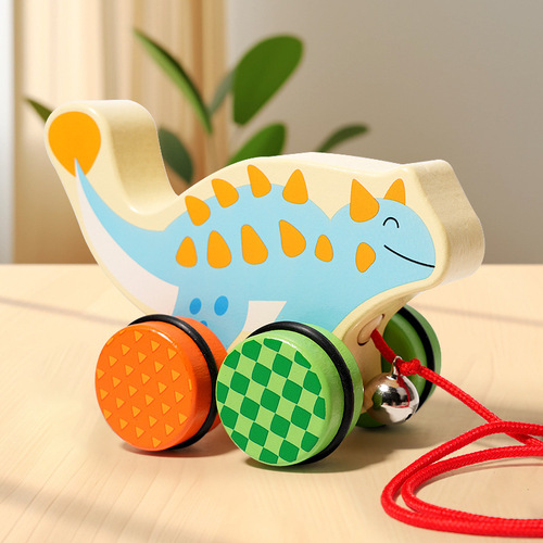 Wooden cartoon dinosaur animal push tractor pull cord pull cord baby 1-2-3 years old walker educational toy