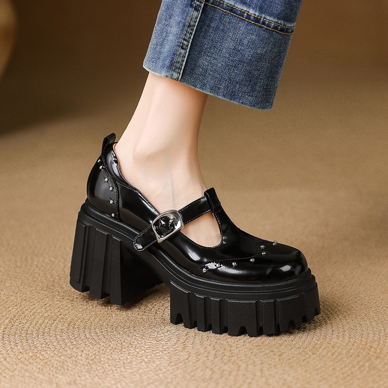 Giày Mary Jane cao gót da thật 9cm, đế bánh xốp, khóa chữ T, gót thô — Màu đen