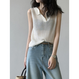 Yanshuang Polo Collar Cut Out Slightly See-Through Knitted Vest Women's Summer Outer Wear Thin Sleeveless Waistcoat T-Shirt Top P370