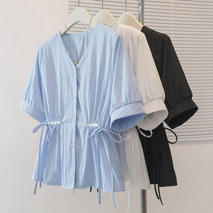 Plus Size Women's Korean Style Popular V Neck Short-Sleeved Shirt for Fat Girls to Tighten Waist and Cover Flesh, Commuter Fashion Top Summer