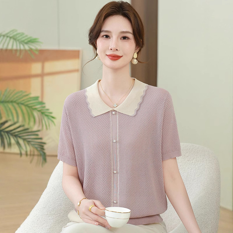短袖polo領冰絲休閑套裝女夏季氣質(zhì)媽媽洋氣減齡薄款針織衫中老年，女裝T恤，妃慕昵服飾