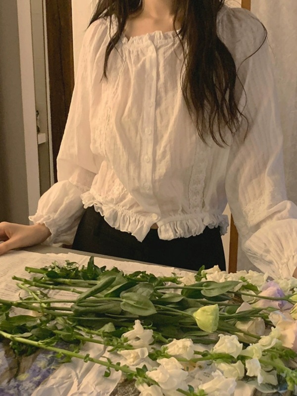 法式小众短款衬衣ins上衣女长袖减龄宽松皱褶娃娃衫早春外套衬衫|undefined