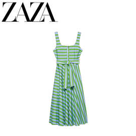 ZAZA 自制欧美风 批发女装时尚百搭气质休闲设计款条纹宽肩连衣裙