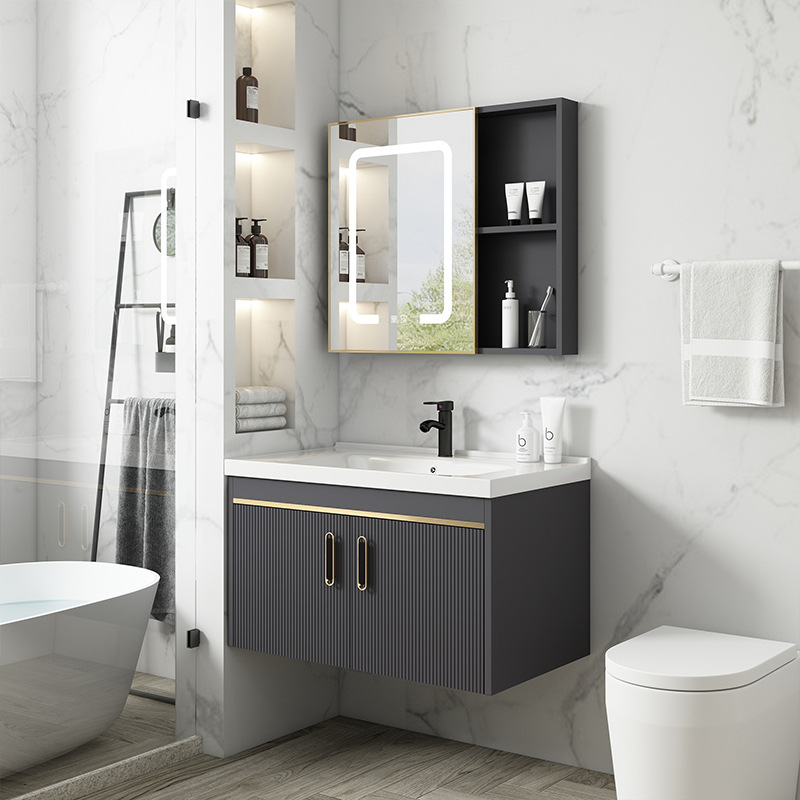 Gabinete de baño de aluminio espacio combinación baño minimalista moderno integrado lavabo de cerámica Placa de roca lavabo balcón lavabo