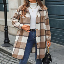 跨境外贸欧美爆款亚马逊冬季新款大码女装格子磨毛呢长款外套风衣