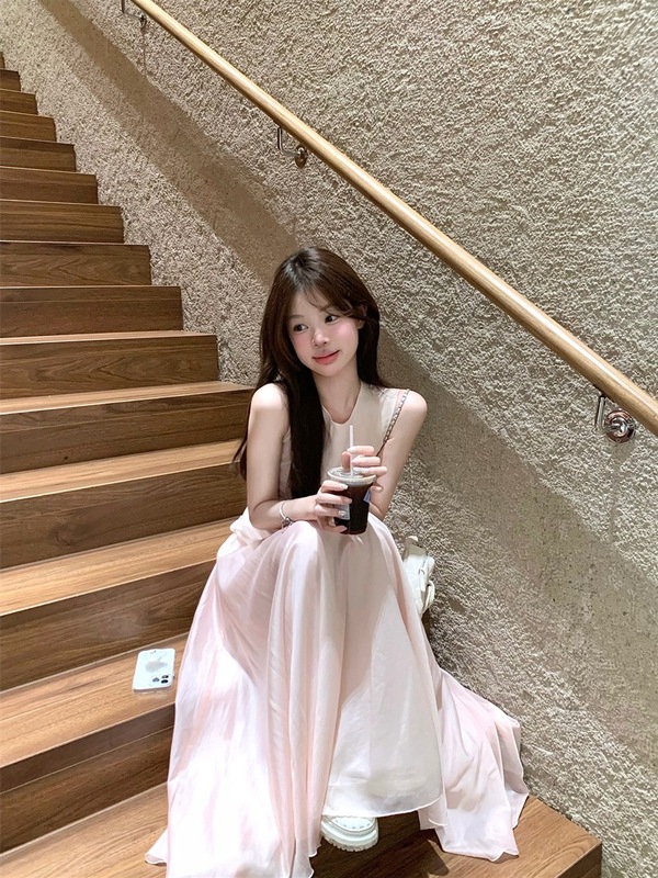 实拍   优雅少女粉色大裙摆气质连衣裙|undefined
