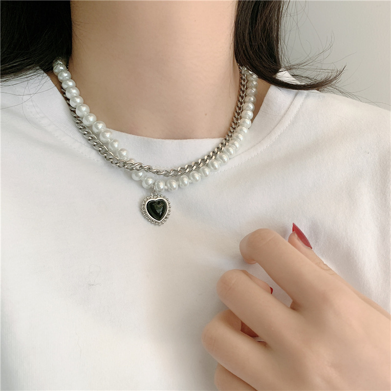 fashion new style Double Titanium Steel Pearl Necklace