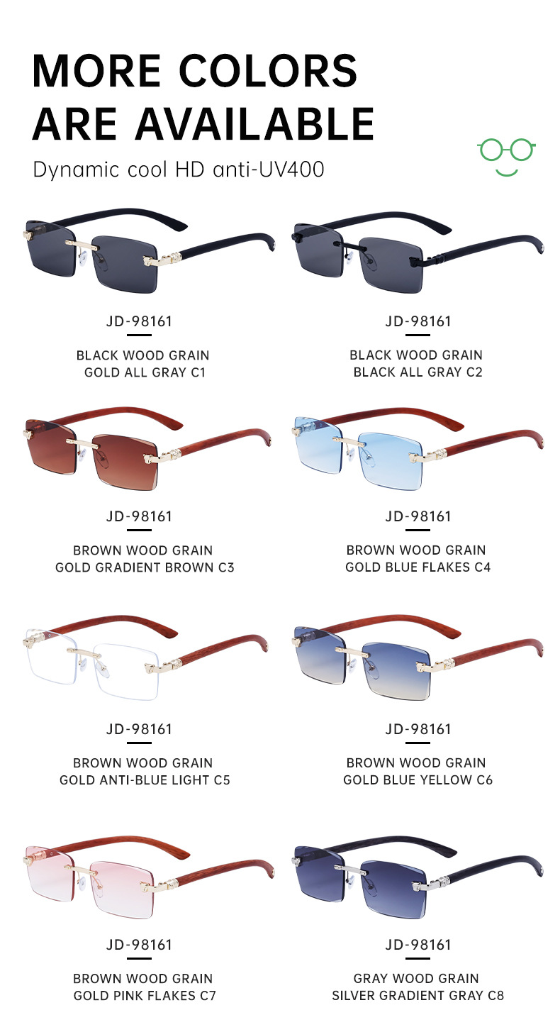 2024 Neue europäische und amerikanische rahmenlose Retro-Sonnenbrille für Herren mit Spiegelbeinen aus Holzmaserung und Sonnenbrille für Herren_voghion.com