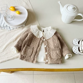 宝宝衣服秋冬季新款女宝1-4岁扭绳提花毛织开衫女童波点长袖外套