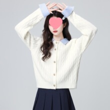 跨境假两件polo领毛衣外套女6春秋新学院风宽松翻领针织开衫衣杏