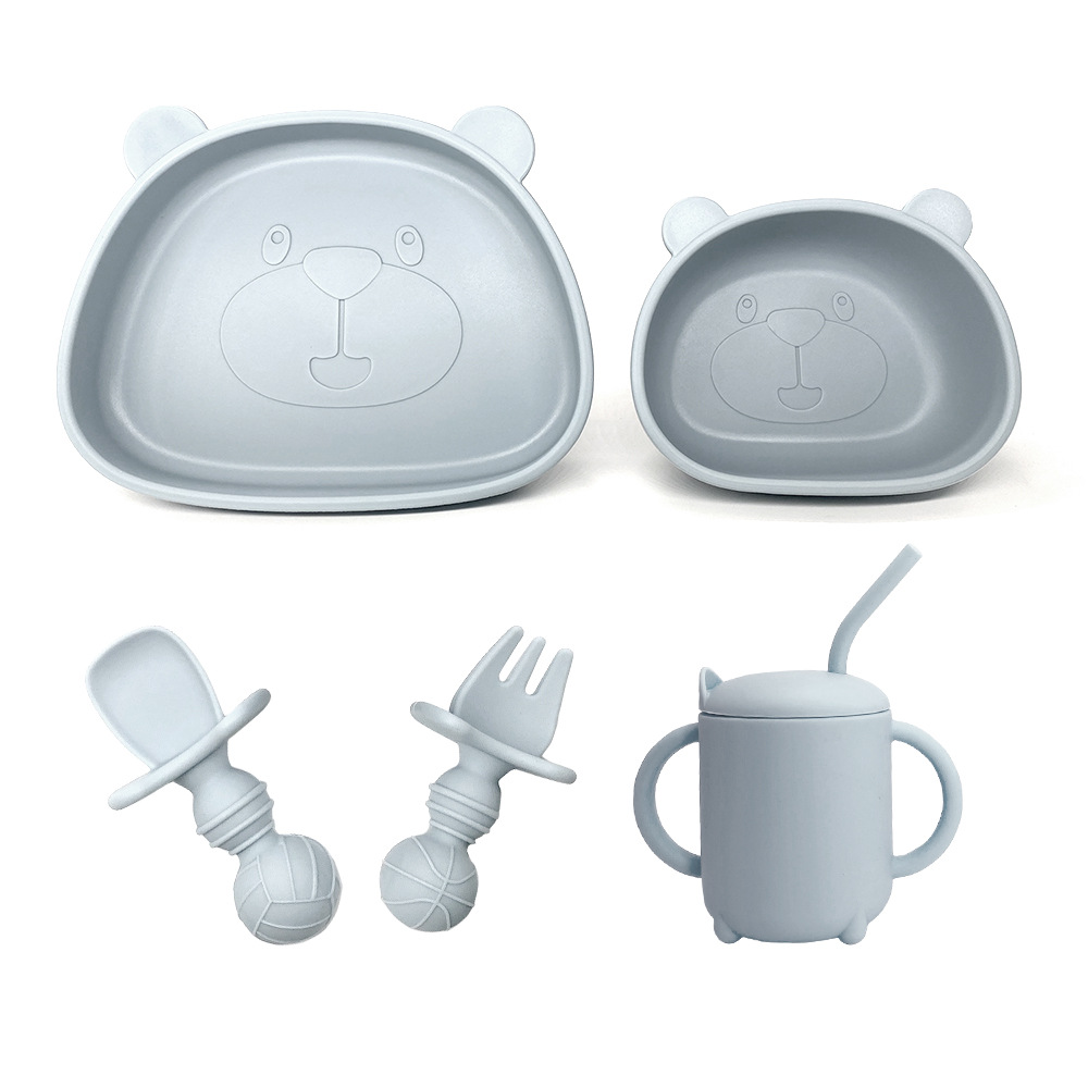 Bebé y bebé suministros Placa de silicona integrada vajilla para niños dibujos animados Panda suplemento alimenticio infantil tazón tenedor cuchara traje
