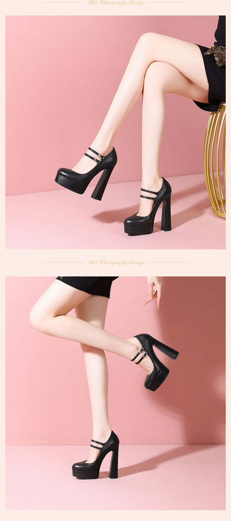 Giày cao gót nữ đế xuồng platform mũi tròn miệng cạn da thật quai một dây, gót 14 cm — Gạo trắng 14cm chi tiết 7