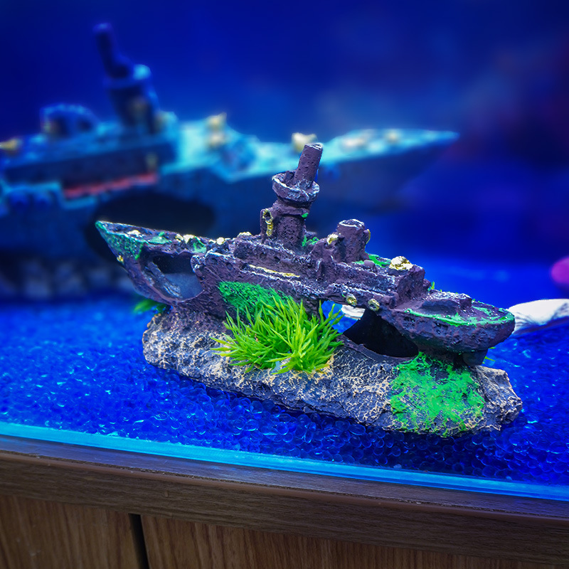 Simulación de paisajismo de acuarios, buque de guerra, decoración de peceras, decoración de la casa de escape, simulación de resina, red neta, naufragio, rocalla
