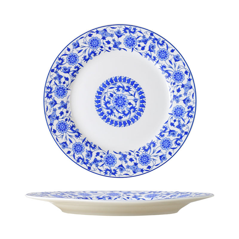 Flores azules de alto valor, platos de cerámica, platos de platos domésticos, platos de flores asados de alta temperatura, platos de platos
