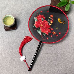 Ancient Fan Double-Sided Embroidery Round Fan Suzhou Embroidery Chinese Style Classical Dance Fan Embroidered Dance Fan Luoyang Peony Fan