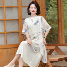 新中式妈妈夏装连衣裙国风改良旗袍裙中老年洋气假两件高贵长裙子