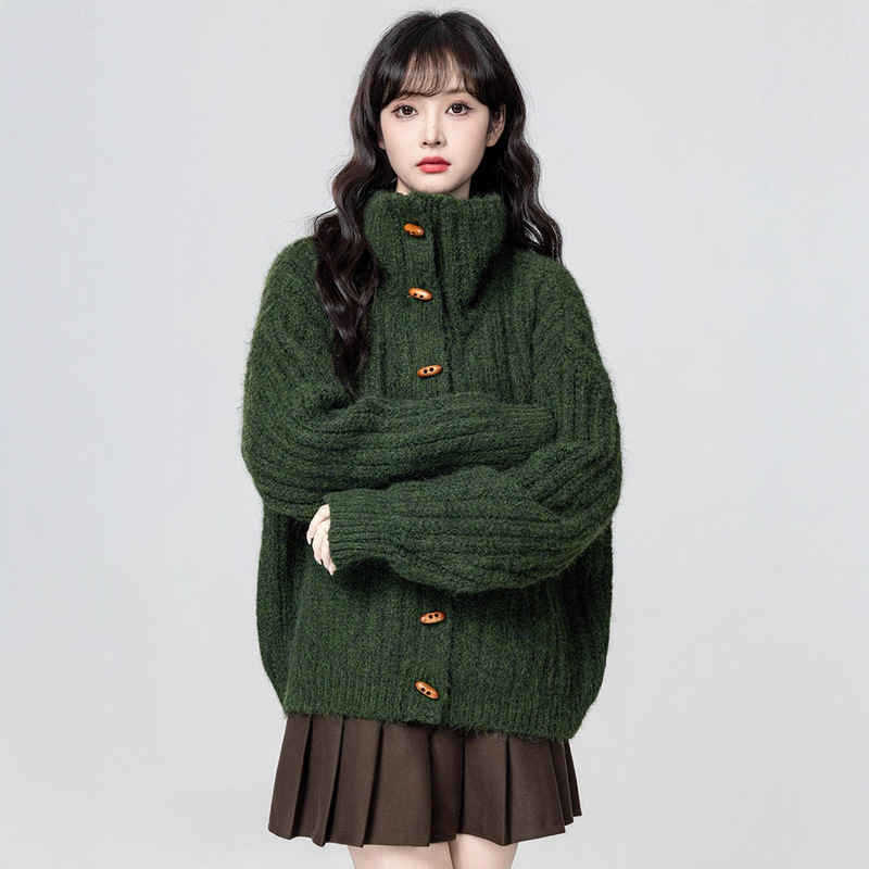Green Turtleneck Sweater Jacket for Women, Autumn and Winter 2025 New Style, Warm and Thickened Stand-Up Collar Knitted Cardigan Top