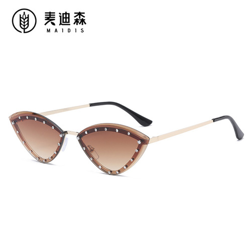 Jet 3561 European and American trendy cat-eye diamond-encrusted sunglasses, personalized colorful ocean patch diamond rimless sunglasses
