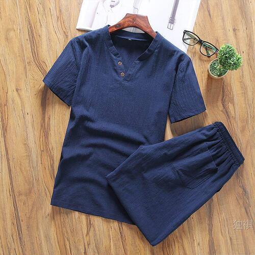 Short-sleeved suit, men's linen t-shirt, summer fat man's loose large size, casual sports, one suit, linen and linen shorts
