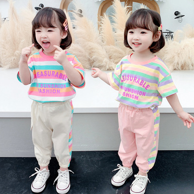 女童夏季條紋韓版套裝跨境童裝兒童休閑條紋短袖兩件套2021夏款