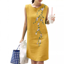 新款棉麻圆领无袖刺绣连衣裙