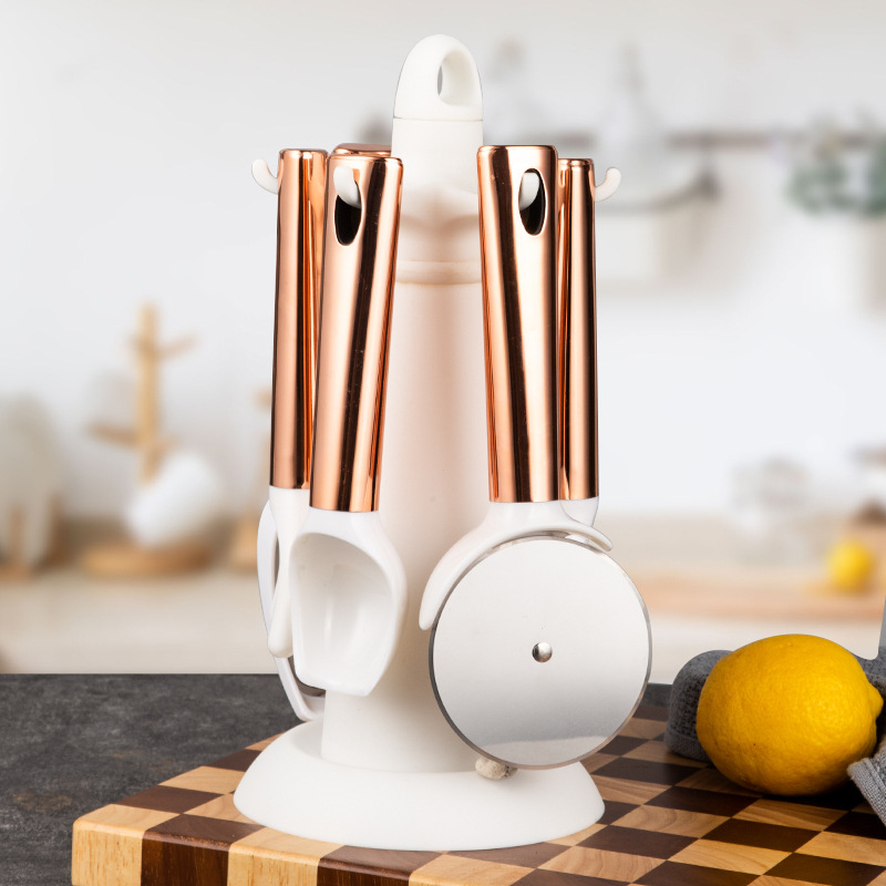 Juego de utensilios de cocina con mango de ABS, incluye estante de almacenamiento, cortador de melón, cortador de pizza, cuchara para helado, abridor de botellas, rallador, práctico.