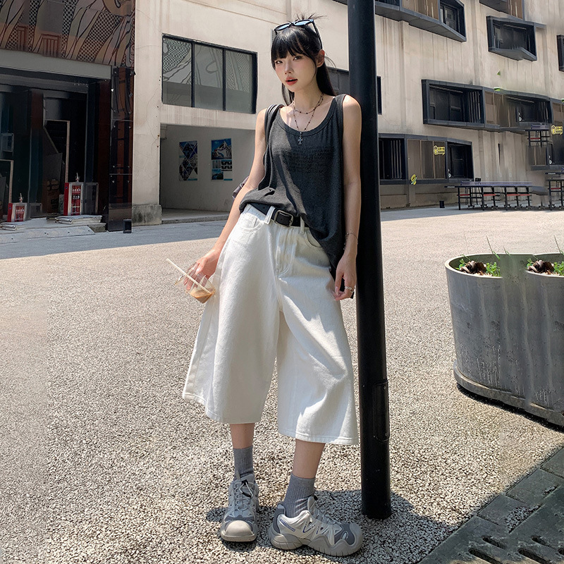 [진인] 미국식 하이 허리 느슨한 와이드 레그 팬츠 화이트 올 매치 캐주얼 바지 스트레이트 레그 청바지