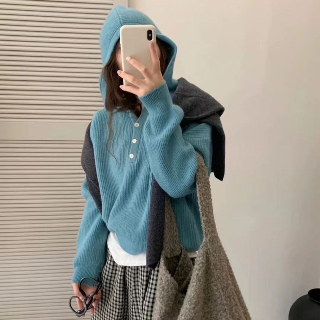 糖果色连帽套头毛衣女外穿休闲上衣2025秋冬慵懒风宽松内搭针织衫