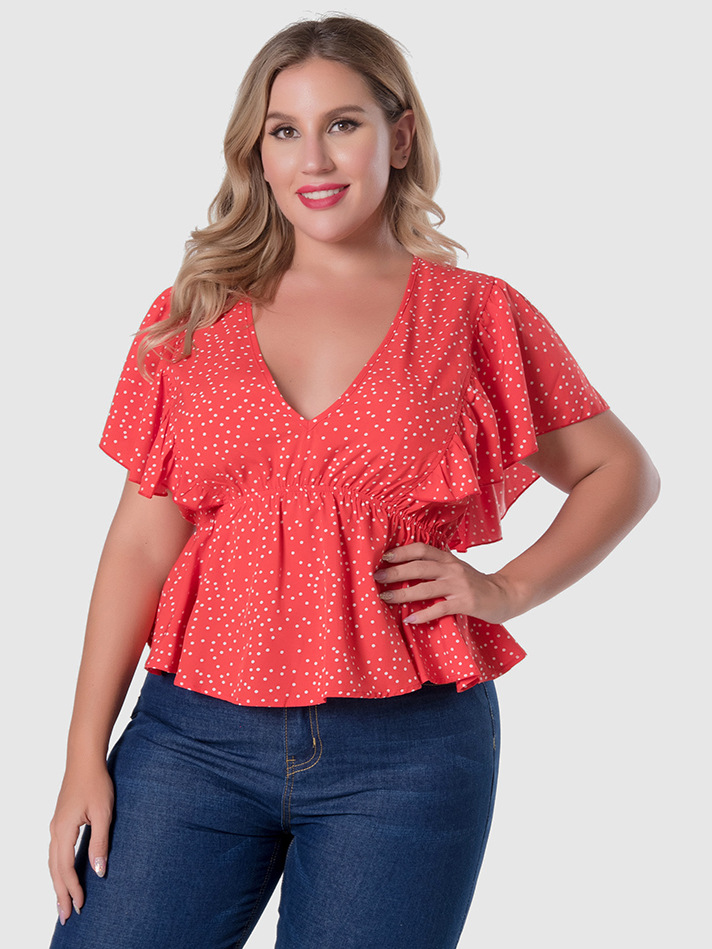 Plus Size V-Neck Polka Dot Ruffled Waist Top NSWCJ92361