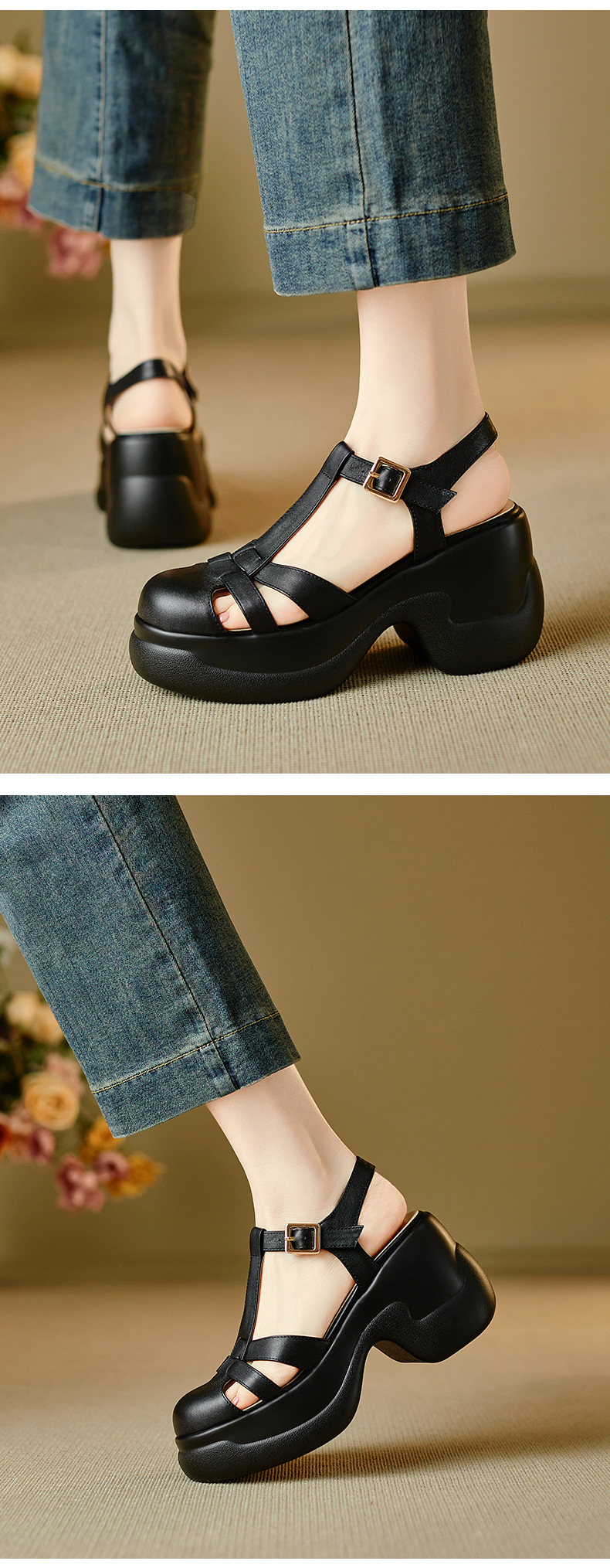 Sandal nữ quai chữ T đế xốp dày phong cách La Mã — đen chi tiết 4