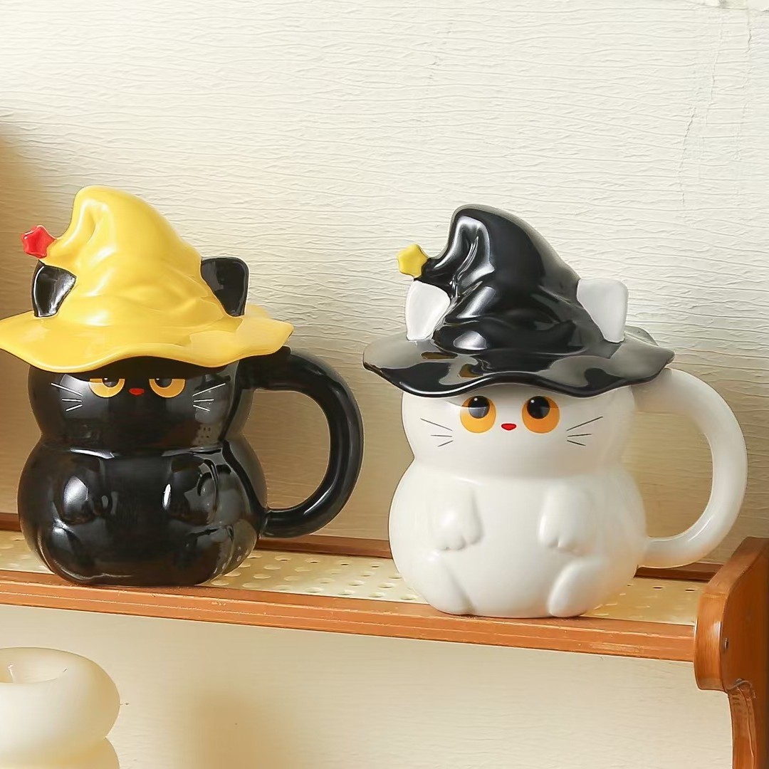Creativo lindo negro y blanco mágico gato taza de cerámica personalidad transfronteriza taza de agua con taza de café de dibujos animados cubierta