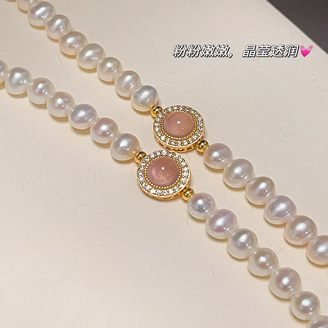 粉玉髓S925纯银天然淡水珍珠手链女小红书同款轻奢