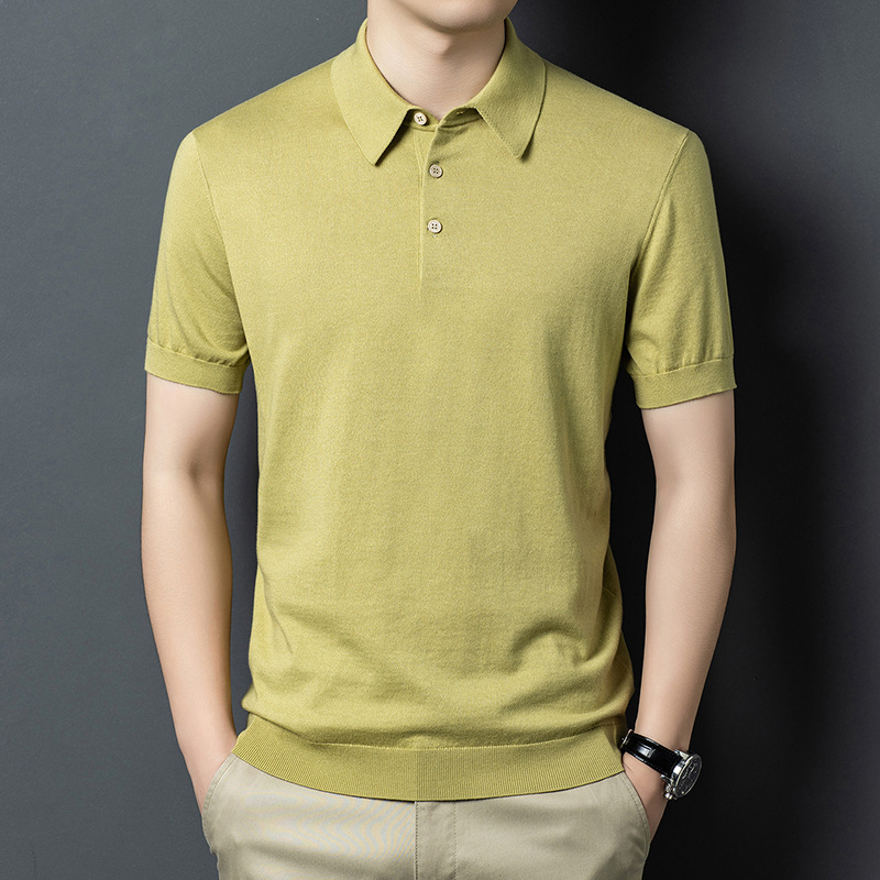 High-Quality Cashmere Knitwear Short-Sleeved T-Shirt Men's Thin Summer Lapel Polo Shirt Pure Color Breathable Half-Sleeved Top