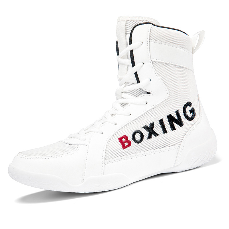 Customized Professional Boxing Shoes for Men in Large Sizes 45, 46, 47, High-Quality Sports Competition and Training Shoes, White