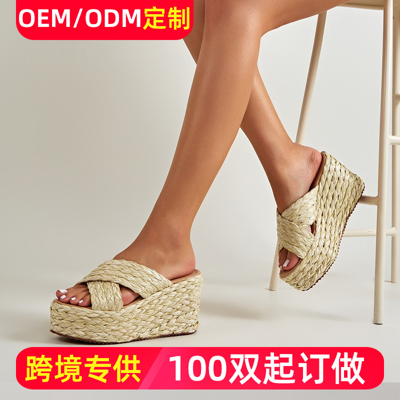 Directo de fábrica cuña tejida cuerda de cáñamo zapatos de mujer 2024 nueva plataforma Sandalias de tacón alto zapatillas de plataforma de Europa y América