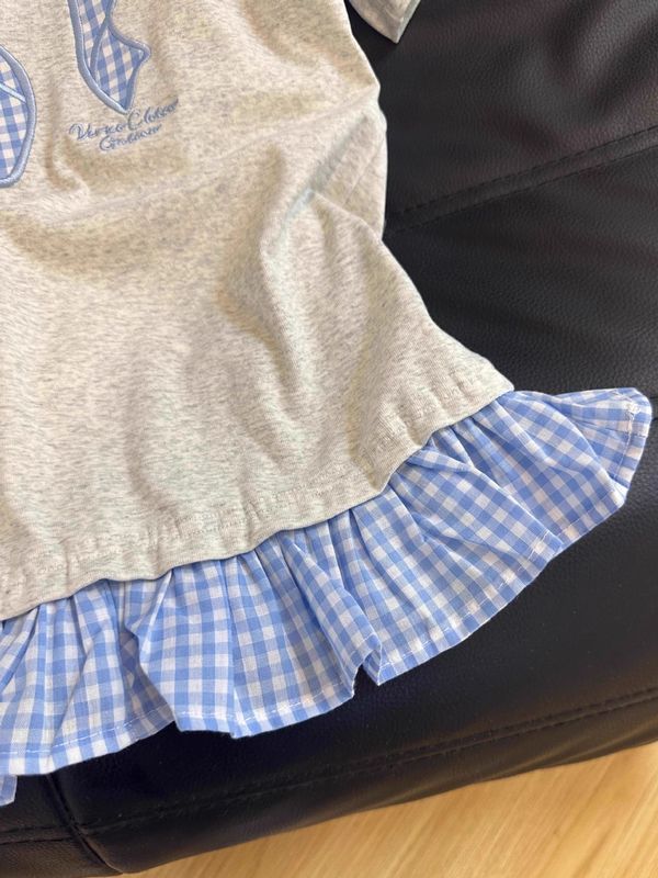 韓国風偽ツーピース半袖Tシャツ女性用夏小柄コントラストストライプスプライシングリボントップ卸売|undefined