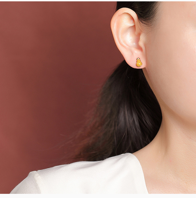 Bông tai bạc S925 mạ vàng đính mã não đỏ và hổ phách hình hồ lô mây lành — Màu hổ phách chi tiết 10