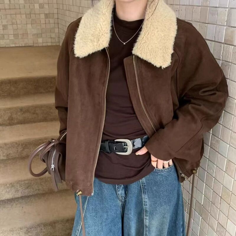American Retro Wasteland Style Faux Suede Baseball Jacket Cotton Coat for Women, New Autumn and Winter Loose Casual Jacket Top American Retro Wasteland Style Faux Suede Baseball Jacket Cotton Coat for Women, New Autumn and Winter Loose Casual Jacket Top