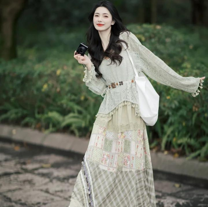 Mori Girl Tribe Bohemian Style suit Hollow Tassel Top Women's Skirt Spring New Style Mori Style Skirt Women's Clothing