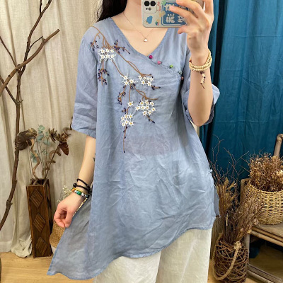 2021大码不规则中长款刺绣衬衫女V领包扣绣花套头薄款上衣52093|ms